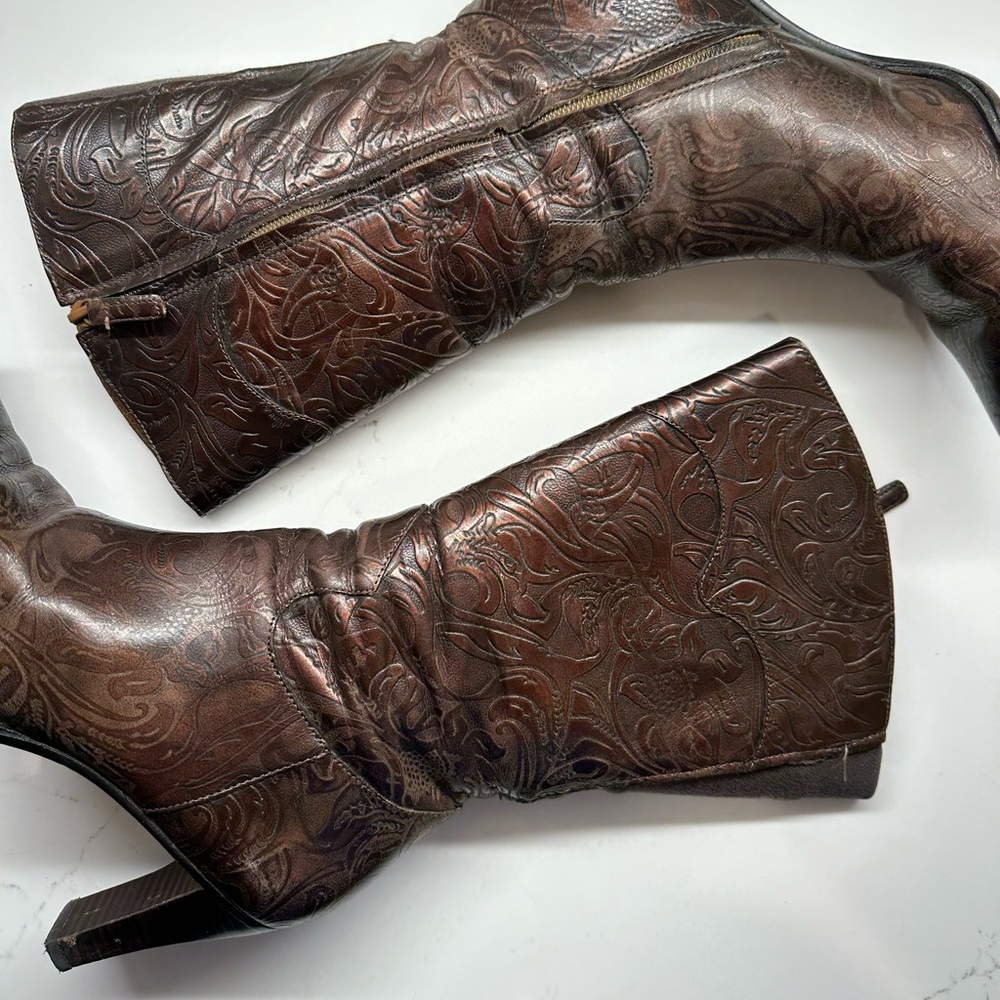 ANTONIO MELANI Embossed Chocolate Heeled Boots